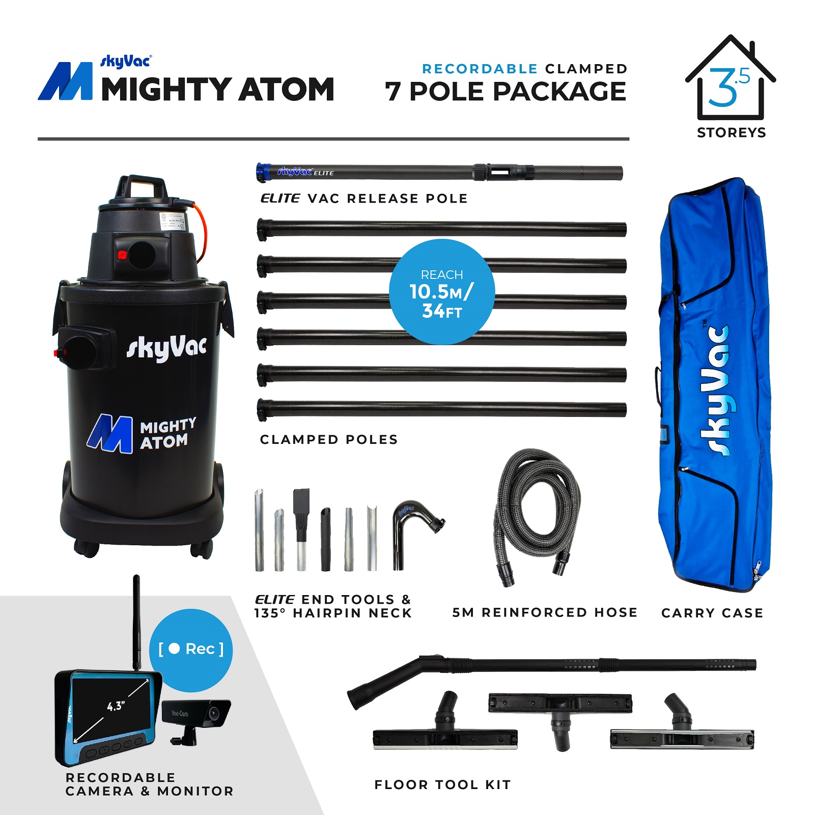 The skyVac Atom hire package is great for exterior cleaning specialists. With a 7 pole clamped pole set, Mighty Atom, a telescopic pole & recordable camera.